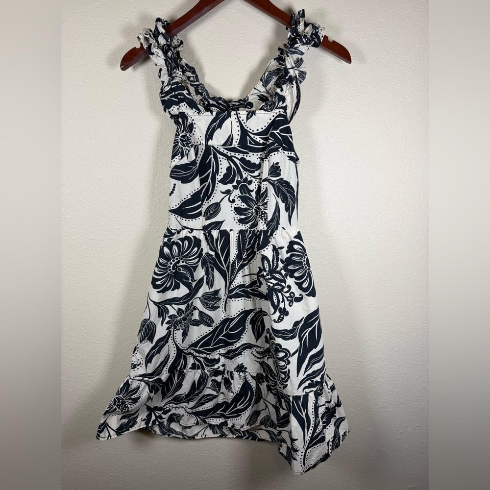 Who What Wear Navy Cream Floral Dress Ruffles Open Back Bow XS 100% Cotton